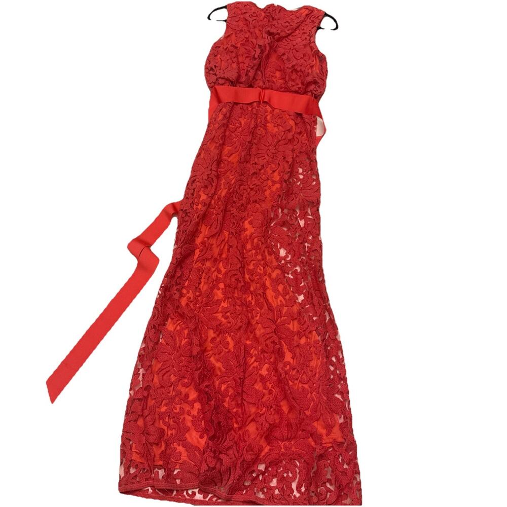 NWT Tadashi Shoji Embroidered Lace Blouson Maxi Gown Canlo Coral Orange 8 $388